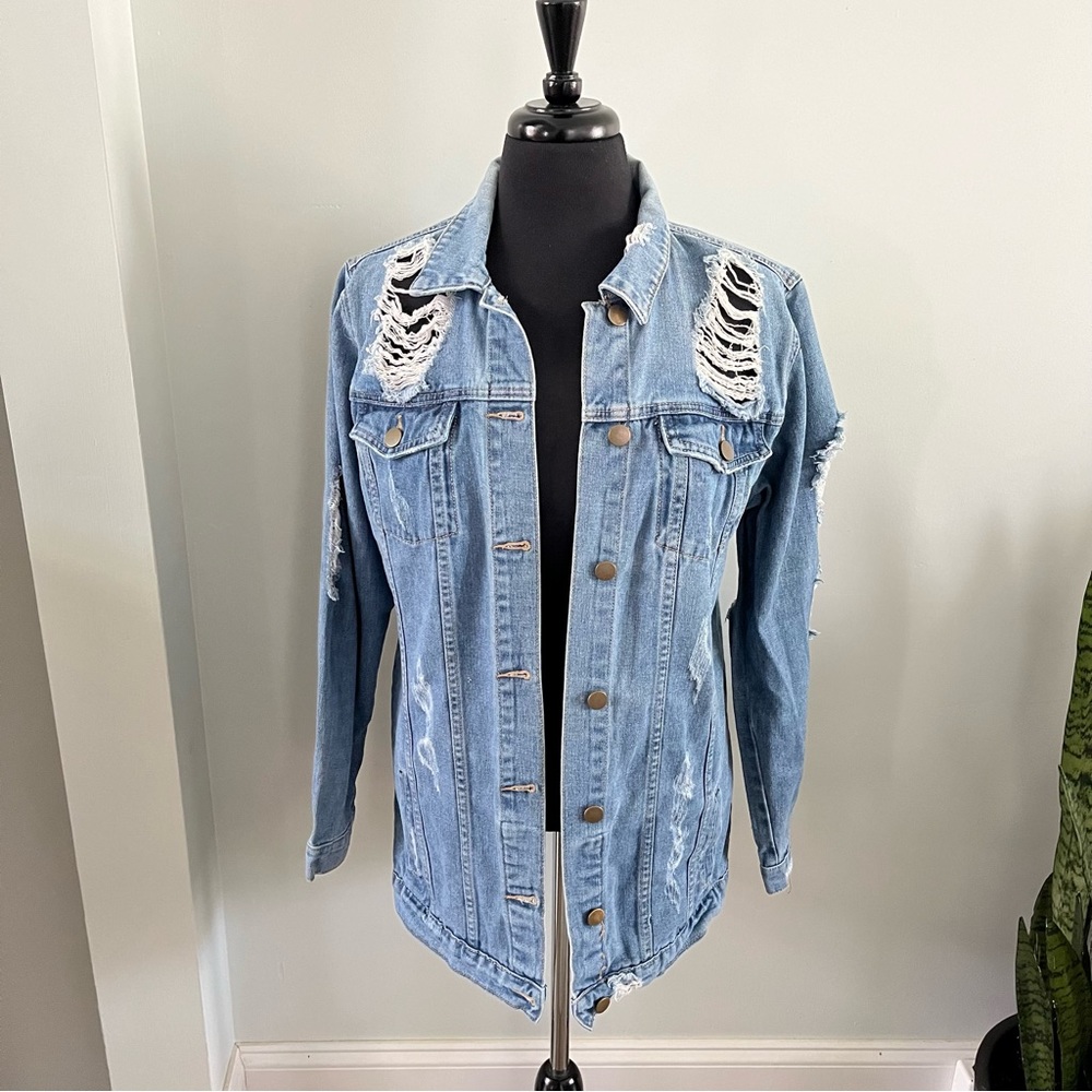 Fashion Nova Medium Wash Distressed Denim/Jean Jacket